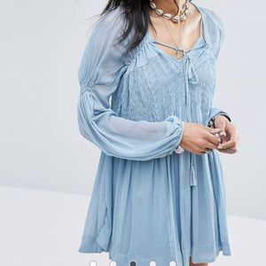 Free People Blue Lini Smocked Sheer Mini Boho Dress Tunic
